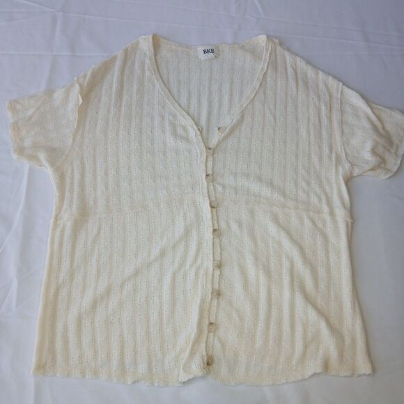 BKE Buckle Boho Knit Top Women's XS Ivory Ribbed V-Neck Short Sleeve Stretch - Picture 1 of 7